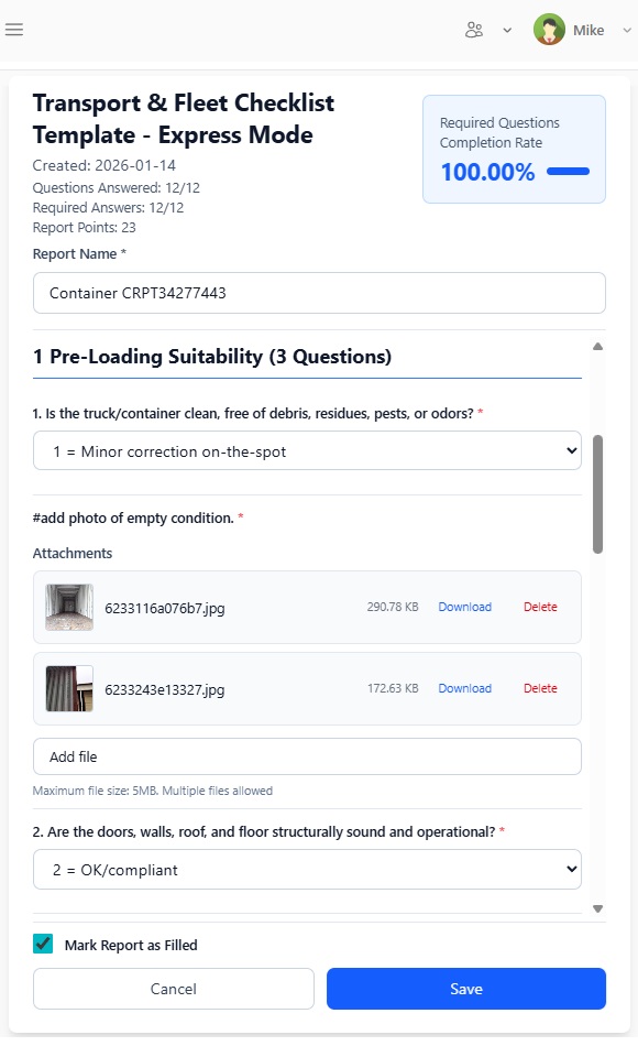 Checklist filling and evidence capture screen